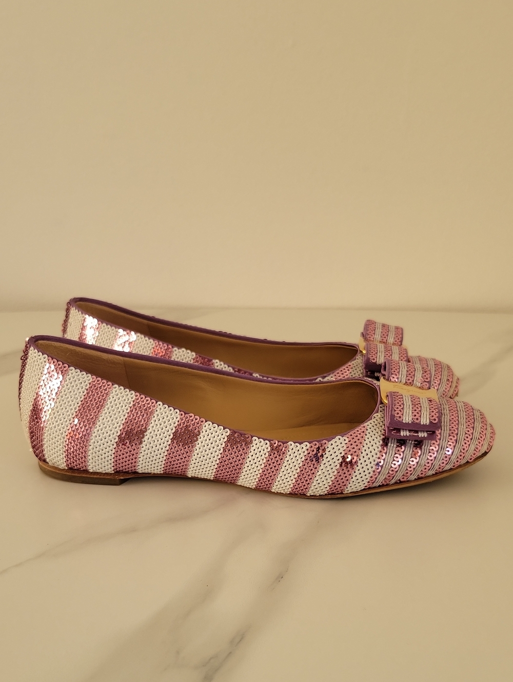 Salvatore Ferragamo Pink & White Sequined Bow Ballet Flats - Picture 4 of 16